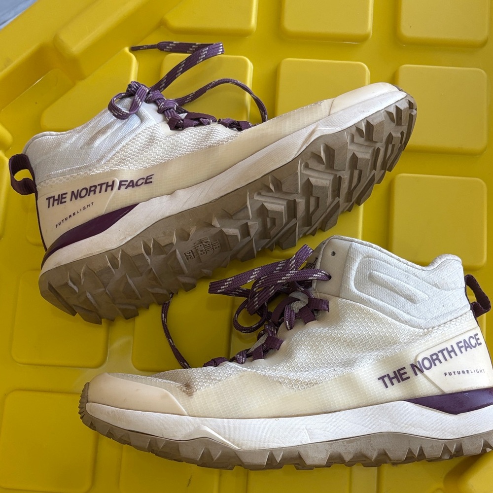 The North Face trail shoes with cream and purple design. Size 6.5